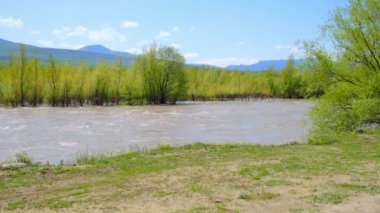 Georgia 'da nehir, dağlardan manzara. Seçici odaklanma. Doğa.