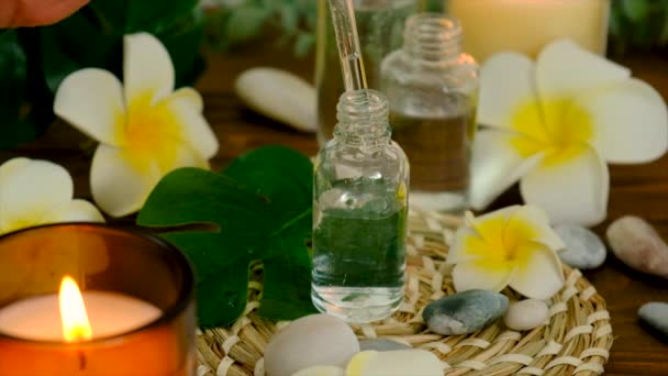 Spa Cosmetics Oils Face Body Care Selective Focus Nature — Stockvideo