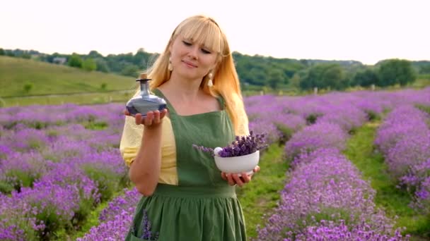 Woman Collects Lavender Flowers Essential Oil Selective Focus Nature — 图库视频影像