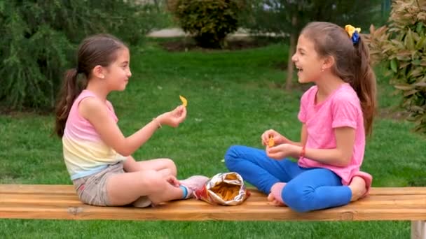 Child Eats Chips Park Selective Focus Kid — Stock Video