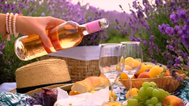 라벤더 들판에서 와인을 마시는 선택적 집중입니다 — 비디오