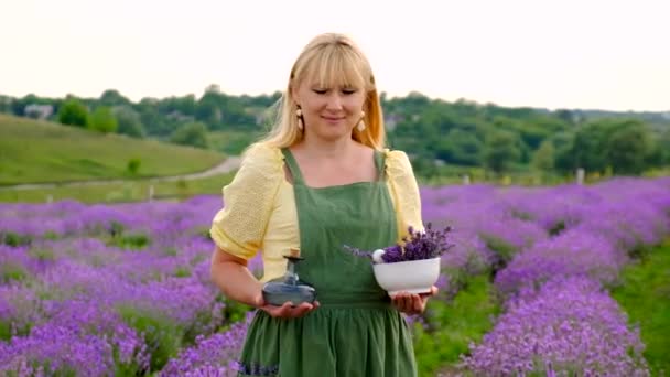 Woman Collects Lavender Flowers Essential Oil Selective Focus Nature — Vídeo de Stock