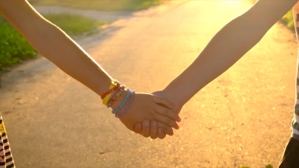 Children Walk Hand Hand Selective Focus Kids — Stock video