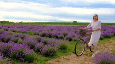 A woman with a bicycle in a lavender field. Selective focus. Nature.