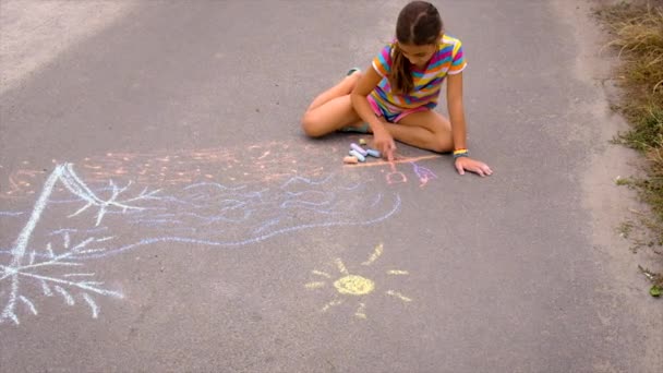 Child Draws Chalk Pavement Selective Focus Kid — Stok video