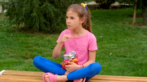 Criança Come Batatas Fritas Parque Foco Seletivo Miúdo — Vídeo de Stock