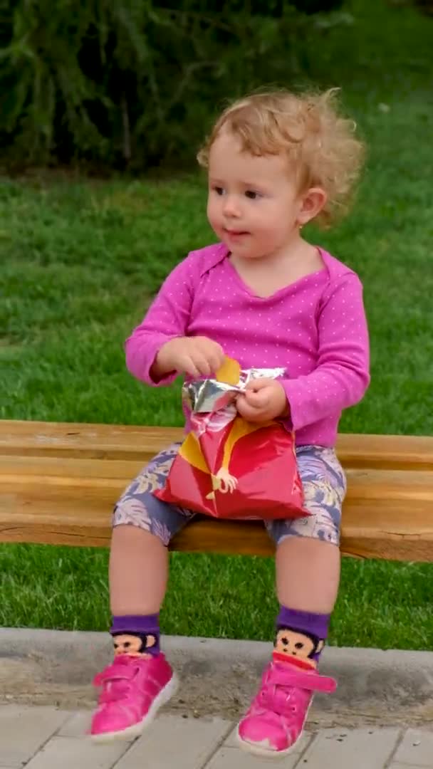 Enfant Mange Des Chips Dans Parc Concentration Sélective Enfant — Video