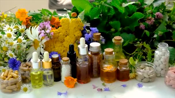 Herbal Tinctures Homeopathy Dietary Supplements Medicinal Herbs Selective Focus — Stock videók