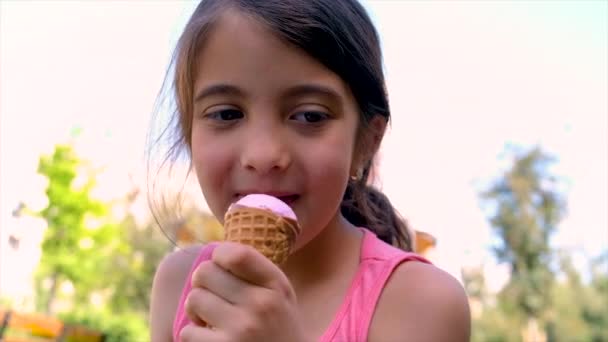 Child Eats Ice Cream Park Selective Focus Kid — ストック動画