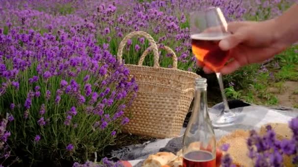 Woman Man Drink Wine Lavender Field Selective Focus Food — Vídeo de Stock