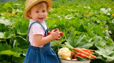 Child in the vegetable garden. selective focus. Kid.