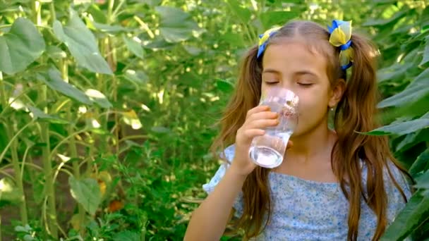 Barnet Dricker Vatten Ett Glas Selektivt Fokus Grabben — Stockvideo