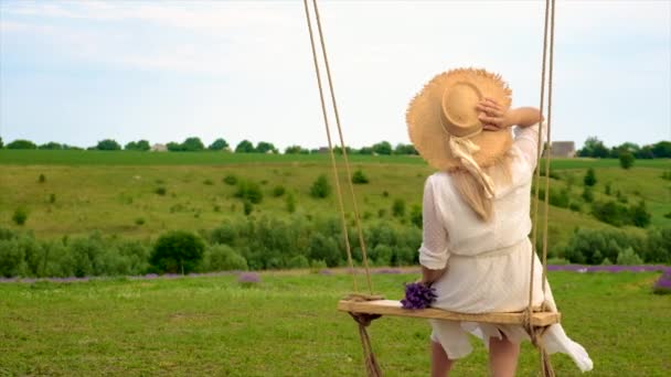 Woman Rides Swing Selective Focus Nature — 비디오