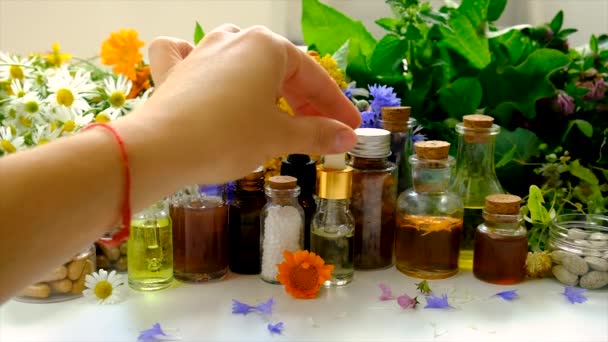 Herbal Tinctures Homeopathy Dietary Supplements Medicinal Herbs Selective Focus — Stock videók