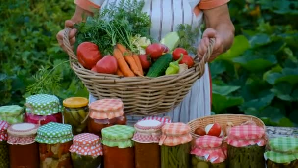 Senior Woman Makes Preservation Vegetables Selective Focus People — Vídeos de Stock