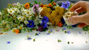 Homeopati ve diyet takviyeleri ile şifalı bitkiler. Seçici odaklanma. Doğa.