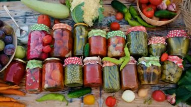Jars with preserved vegetables for the winter. Selective focus. Food.