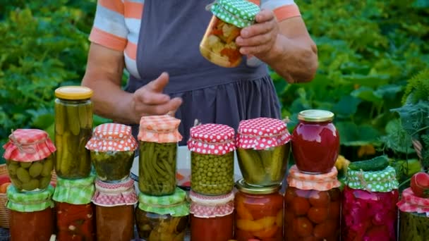 Senior Woman Makes Preservation Vegetables Selective Focus People — Stockvideo