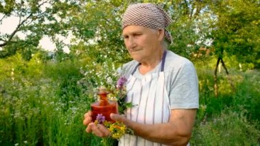 Yaşlı kadın bitkisel tentür yapıyor. Seçici odaklanma. Doğa.