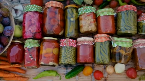 Jars Preserved Vegetables Winter Selective Focus Food — Stok Video