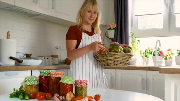 Woman Jar Preserve Vegetables Kitchen Selective Focus People — ストック動画