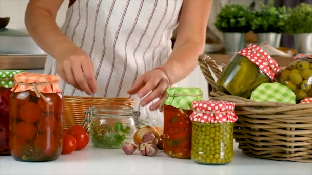 Woman Jar Preserve Vegetables Kitchen Selective Focus People — Vídeo de Stock