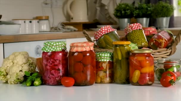 Jars Preserved Vegetables Winter Selective Focus Food — Vídeo de stock