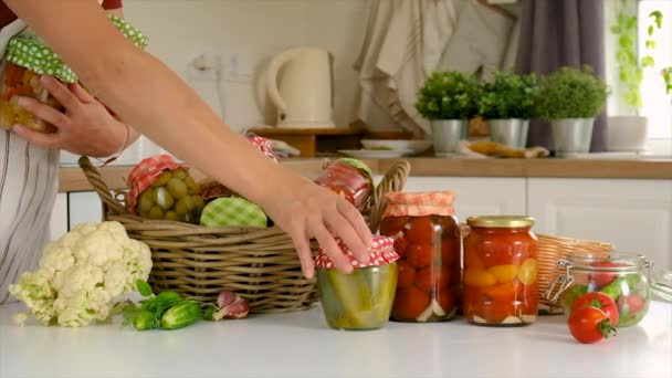 Woman Jar Preserve Vegetables Kitchen Selective Focus People — Wideo stockowe