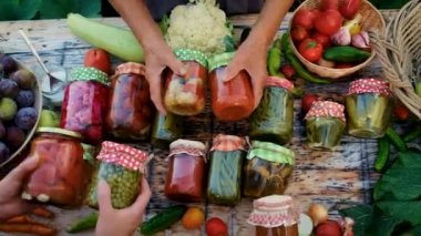 Jars with preserved vegetables for the winter. Selective focus. Food.