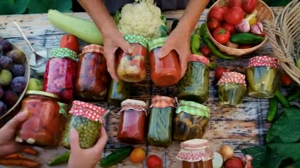 Jars Preserved Vegetables Winter Selective Focus Food — Vídeo de Stock