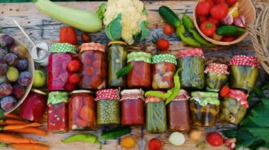 Jars with preserved vegetables for the winter. Selective focus. Food.