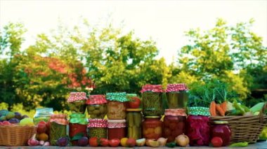 Jars with preserved vegetables for the winter. Selective focus. Food.