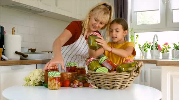 Woman Jar Preserved Vegetables Winter Mother Daughter Selective Focus — Stockvideo