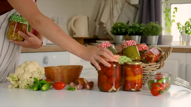 Woman Jar Preserve Vegetables Kitchen Selective Focus People — Vídeo de Stock