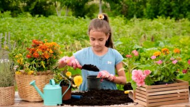 The child is planting flowers in the garden. Selective focus. Kid.