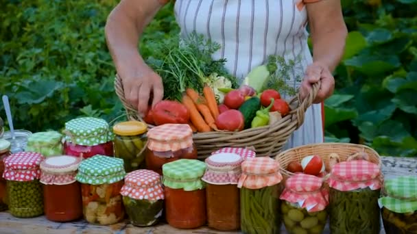 Senior Woman Makes Preservation Vegetables Selective Focus People — ストック動画