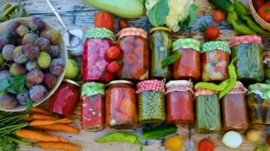 Jars with preserved vegetables for the winter. Selective focus. Food.
