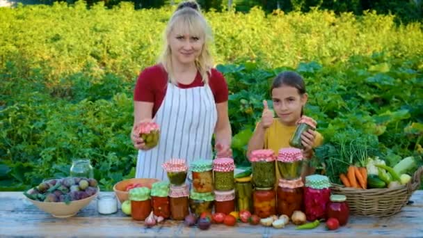 Woman Jar Preserved Vegetables Winter Mother Daughter Food — Stockvideo