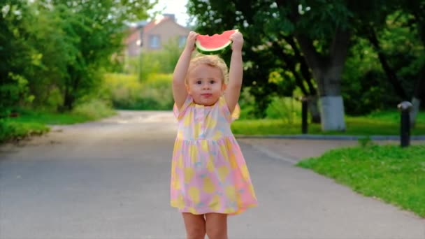 Child Ethe Child Eats Watermelon Summer Selective Focus Ats Watermelon — Stockvideo