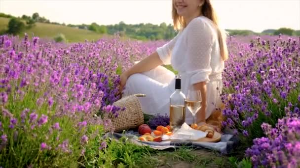 Woman Drinks Wine Lavender Field Selective Focus Food — Stockvideo