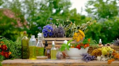Medicinal herbs and tinctures on the table. Selective focus. Nature.
