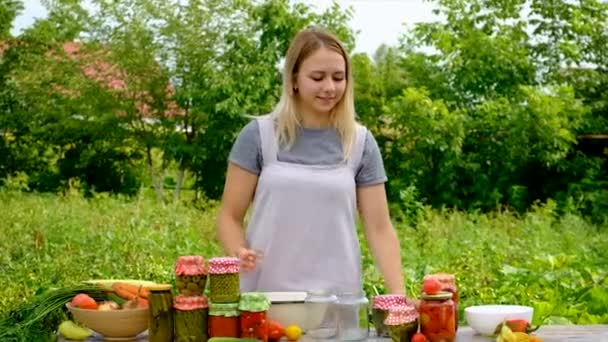 Woman Preserves Vegetables Jars Selective Focus Food — Stock Video
