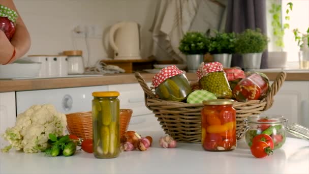 Woman Jar Preserve Vegetables Kitchen Selective Focus People — Vídeo de stock