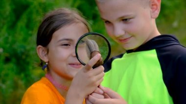 Children look at a snail with a magnifying glass, selective focus. Kid.