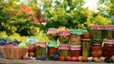 Jars with preserved vegetables for the winter. Selective focus. Food.