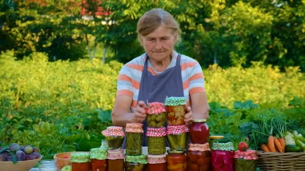 Senior Woman Makes Preservation Vegetables Selective Focus People — Stok video