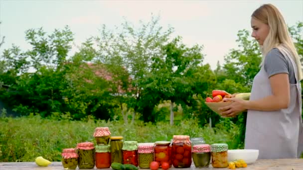 Woman Preserves Vegetables Jars Selective Focus Food — Vídeo de Stock