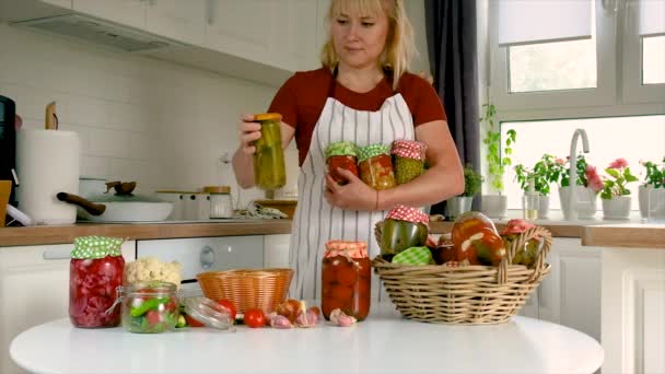 Woman Jar Preserve Vegetables Kitchen Selective Focus People — Wideo stockowe