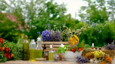 Medicinal herbs and tinctures on the table. Selective focus. Nature.