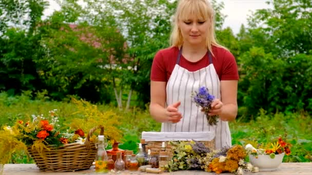 Woman Makes Tincture Medicinal Herbs Selective Focus Nature — Stok video